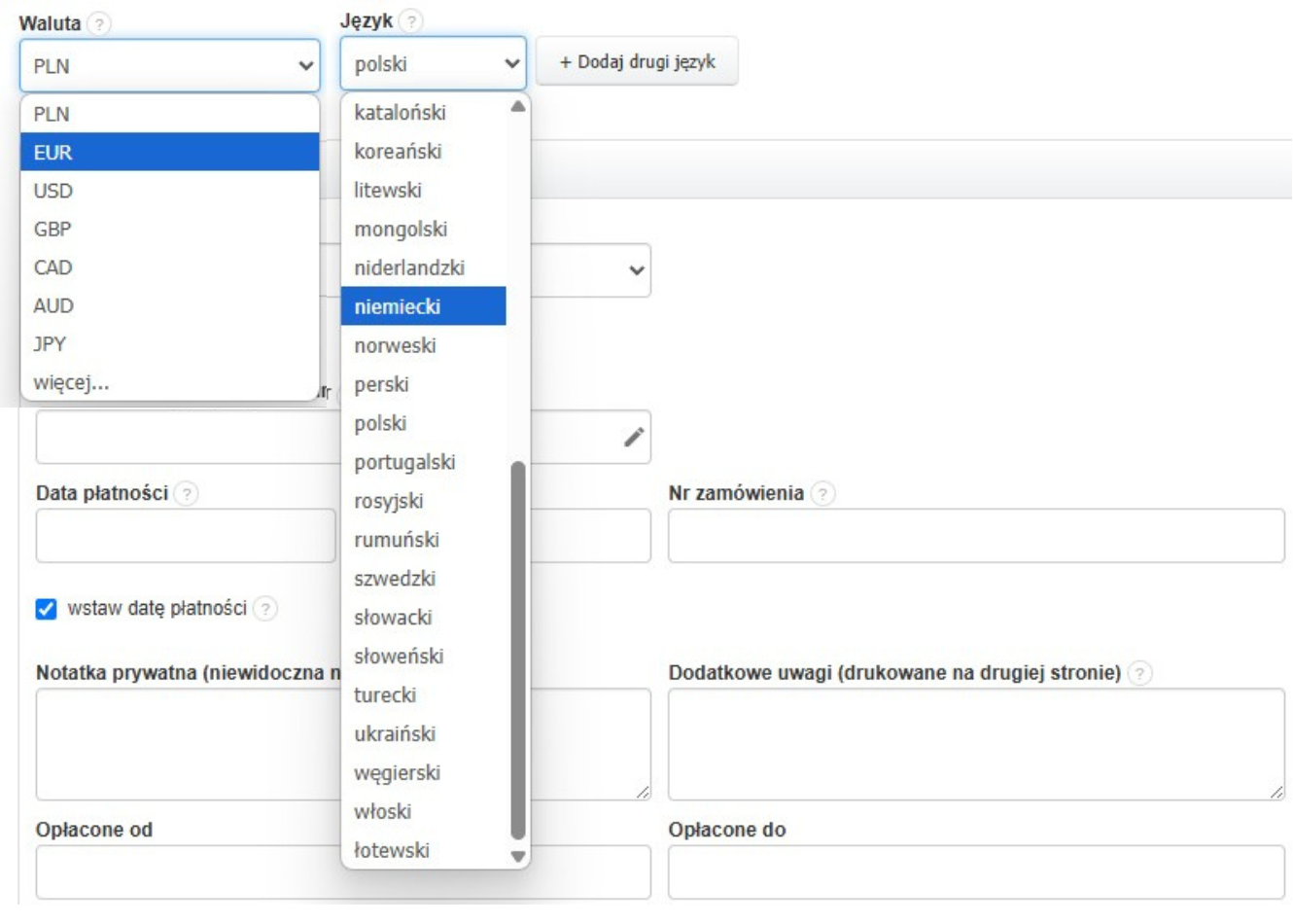 Formularz edycji dokumentu z opcjami wyboru waluty (PLN, EUR, USD) i języka (polski, niemiecki, angielski) oraz możliwością dodania drugiego języka.