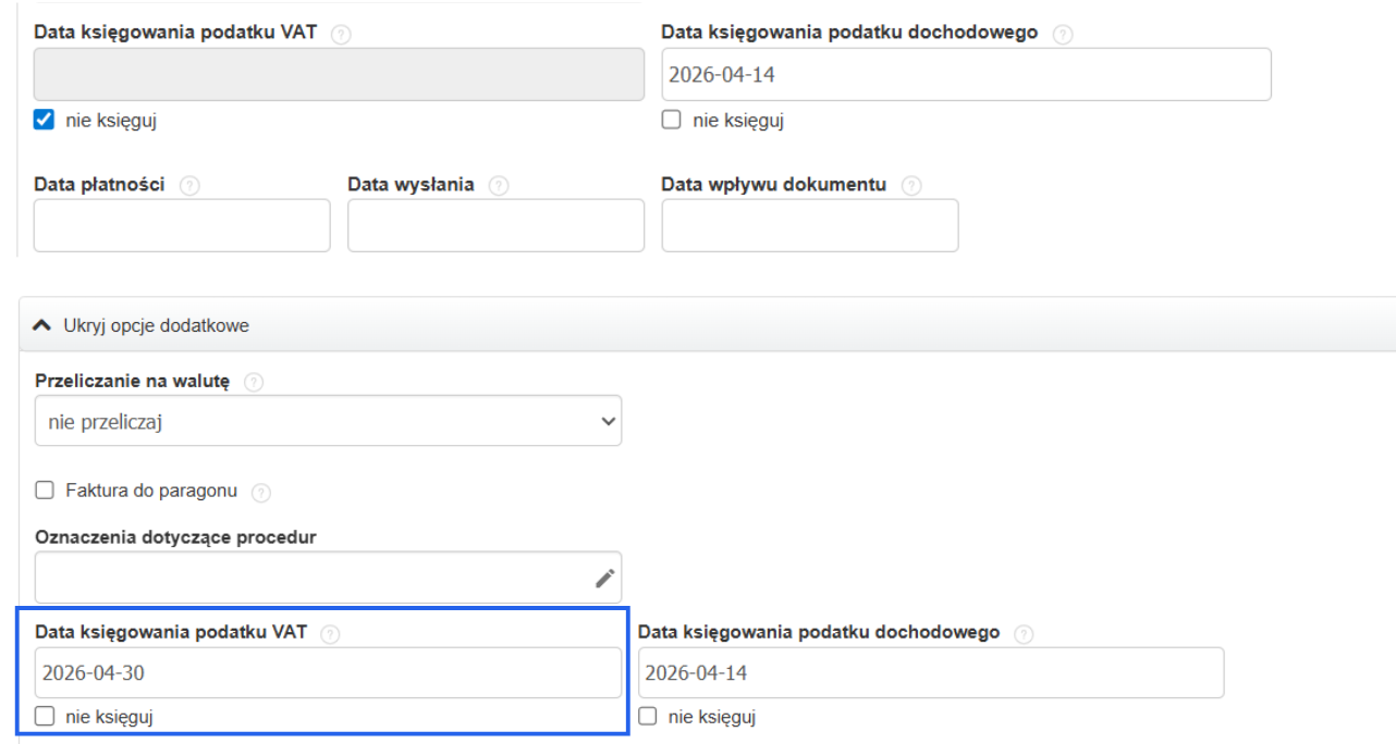 Zmiana daty księgowania podatku VAT z opcji nie księguj.