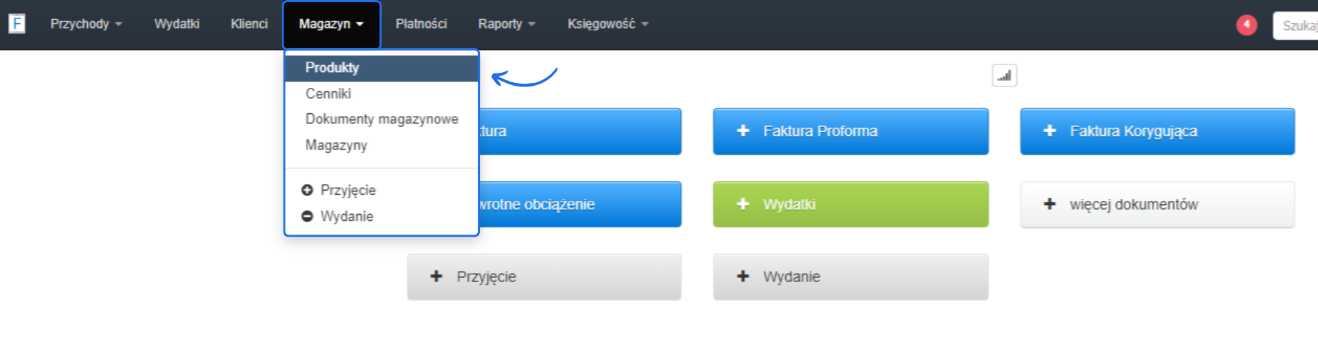 Menu nawigacyjne w Fakturownia.pl z zaznaczoną opcją 'Magazyn', pokazującą rozwijane menu z opcjami: Produkty, Cenniki, Dokumenty magazynowe, Magazyny, Przyjęcie i Wydanie.