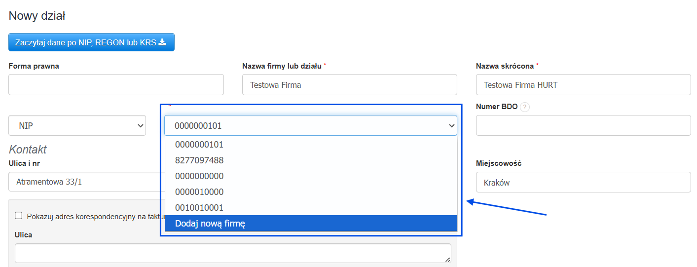 Nowy dział z opcją wyboru z NIPów dodanych już na koncie w celu powiązania kolejnego działu.