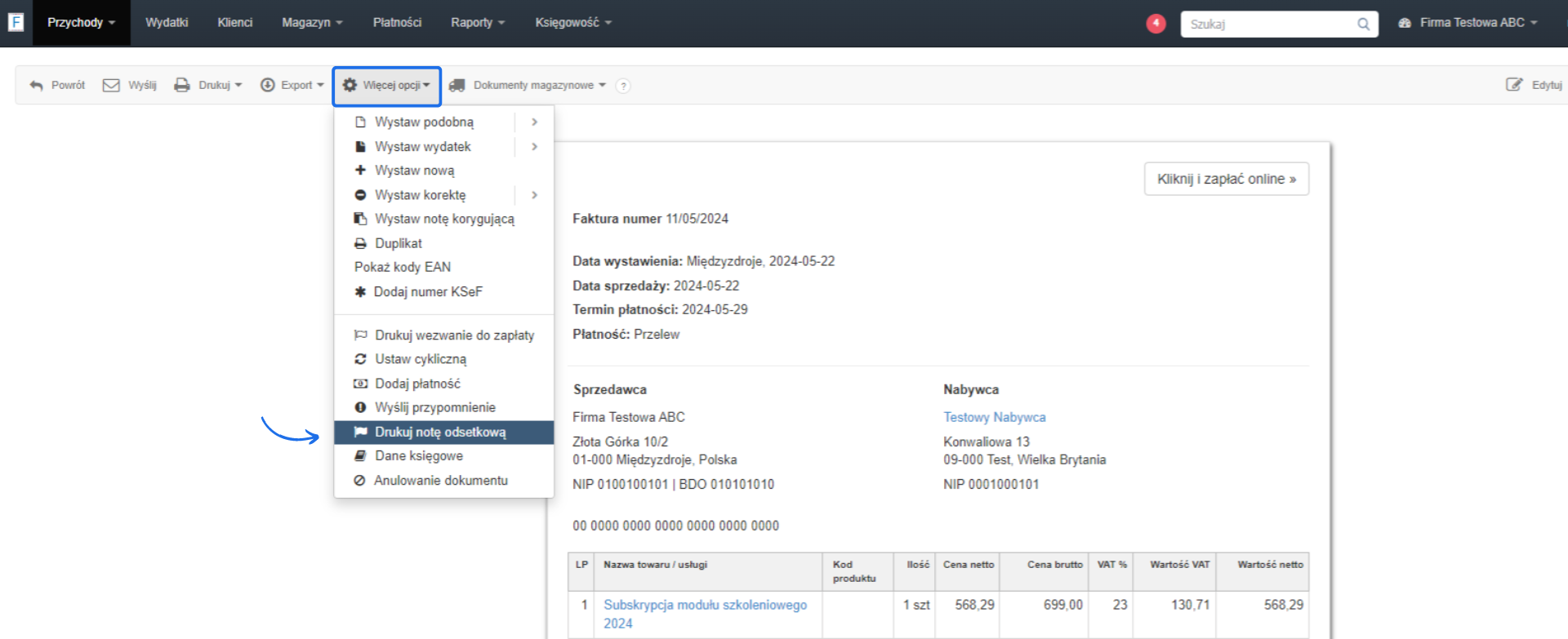 Menu opcji w aplikacji fakturowej z wybraną funkcją 'Drukuj notę odsetkową' oraz widokiem szczegółów faktury z opcją zapłaty online.