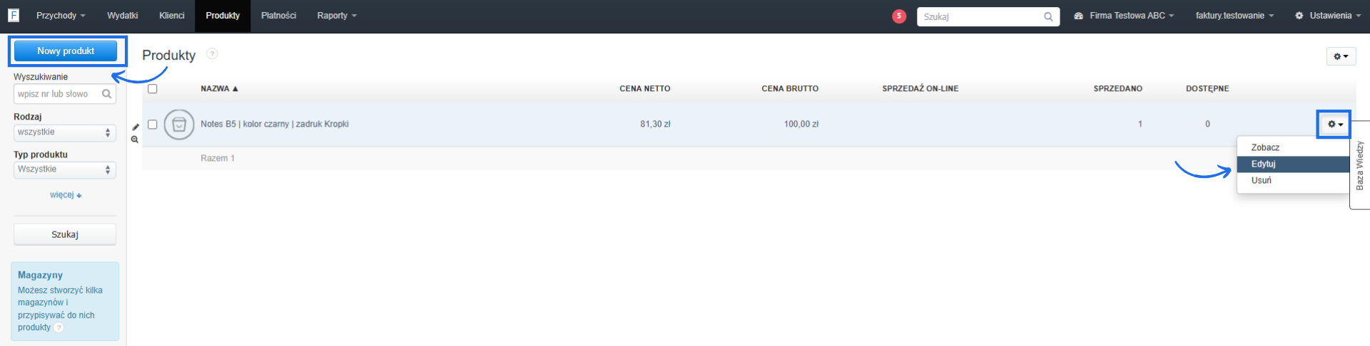 Panel produktów w Fakturowni z przyciskami „Nowy produkt” i „Edytuj” dla istniejącego wpisu Notes B5.