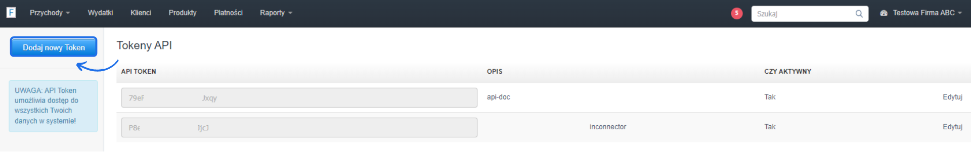 Widok sekcji 'Tokeny API' w aplikacji Fakturownia z wyróżnionym przyciskiem 'Dodaj nowy Token' i listą istniejących tokenów API.