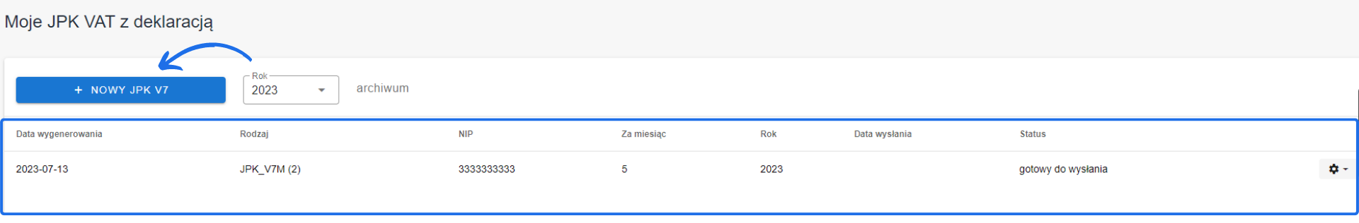Lista wygenerowanych plików JPK VAT z deklaracją, z przyciskiem '+ NOWY JPK V7' do utworzenia nowego pliku oraz statusem 'gotowy do wysłania'.
