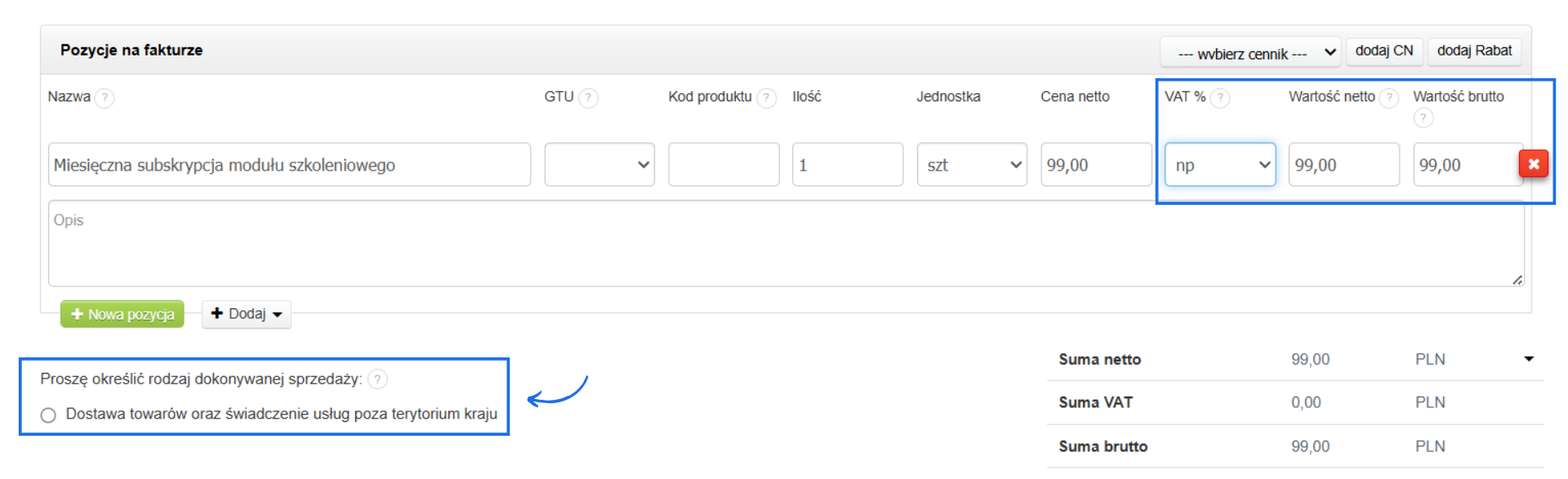 Przykład faktury z wybraną stawką 'np' jako stawką podatku dla sprzedaży.
