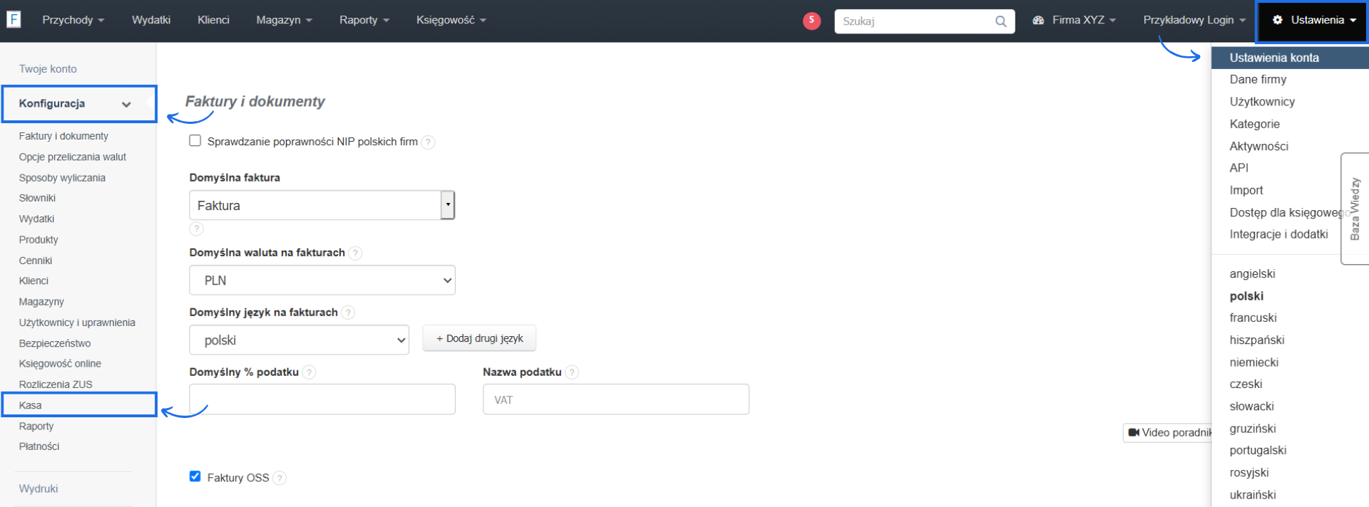 Ustawienia konta w systemie Fakturownia z aktywną zakładką konfiguracja i ustawieniami dotyczącymi kasy.