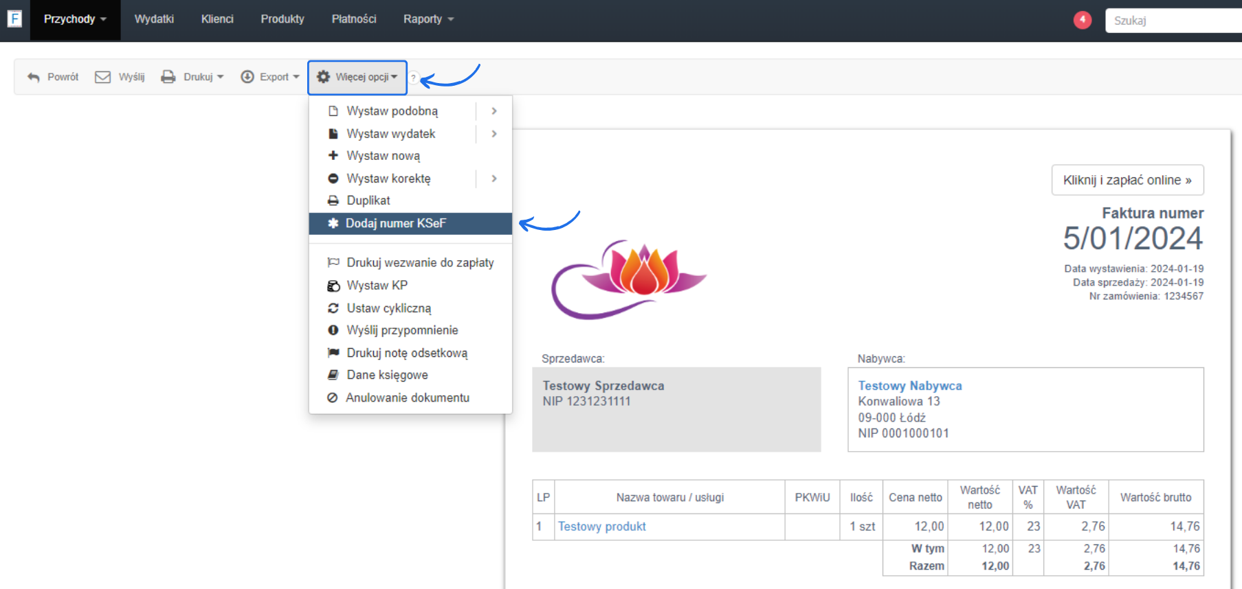 Widok faktury z rozwiniętym menu „Więcej opcji” i podświetloną funkcją „Dodaj numer KSeF” w Fakturowni.