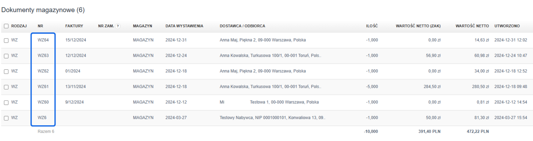 Lista wyników wyszukiwania dokumentów magazynowych z numerami WZ i szczegółami, takimi jak data wystawienia, magazyn, wartość netto.