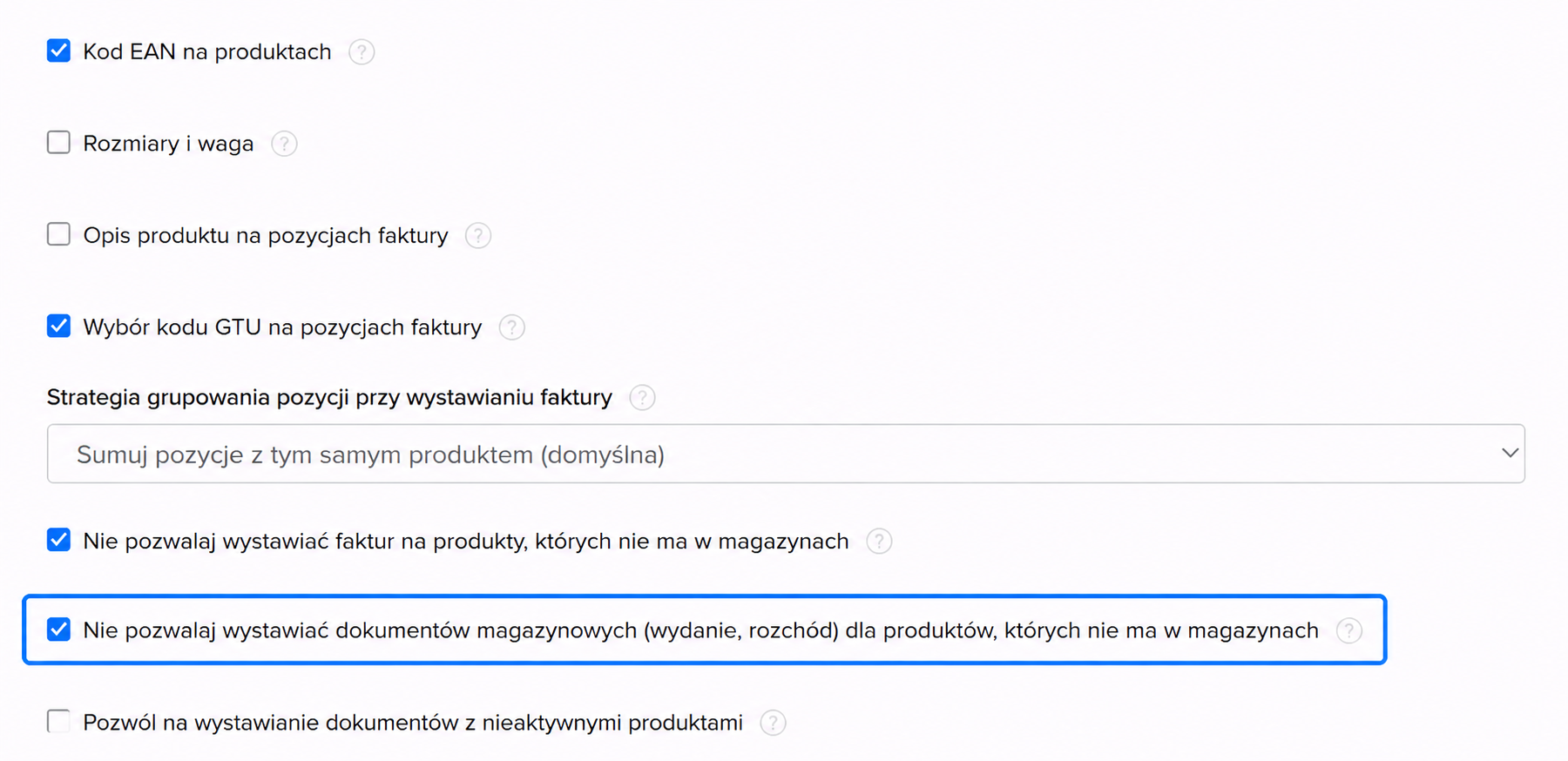 Widok ustawień produktów z zaznaczoną opcją „Nie pozwalaj wystawiać dokumentów magazynowych (wydanie, rozchód) dla produktów, których nie ma w magazynach”. Ustawienie blokuje tworzenie dokumentów magazynowych dla produktów niedostępnych na stanie, pomagając zachować zgodność operacji magazynowych z rzeczywistymi stanami magazynowymi.