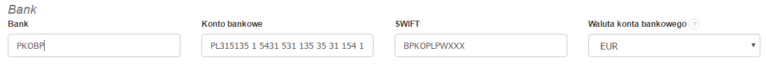 Formularz edycji danych bankowych z polami do wprowadzenia nazwy banku, numeru konta bankowego, kodu SWIFT oraz waluty konta.