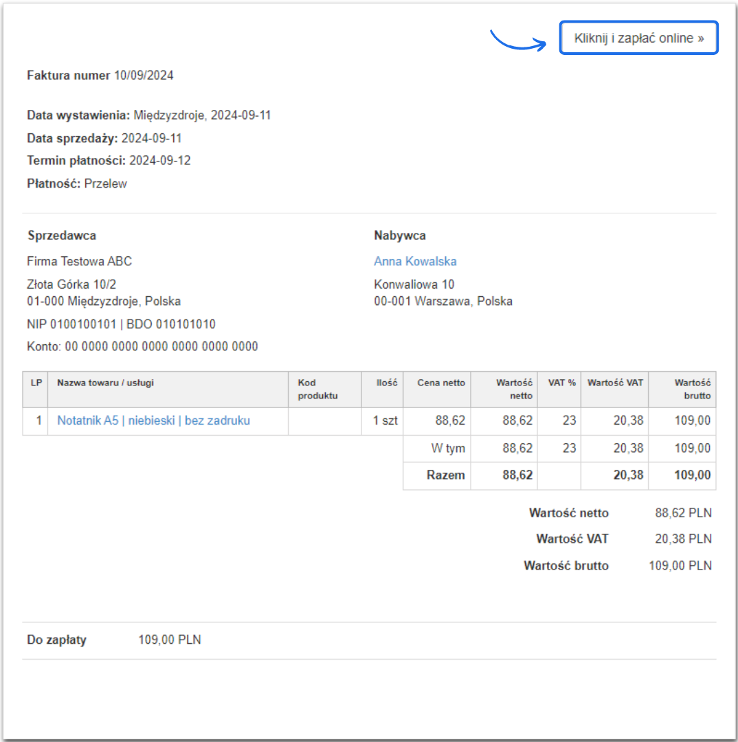 Faktura za zakup notatnika A5 z opcją płatności online, podsumowaniem kwot netto i brutto, oraz przyciskiem 'Kliknij i zapłać online'.