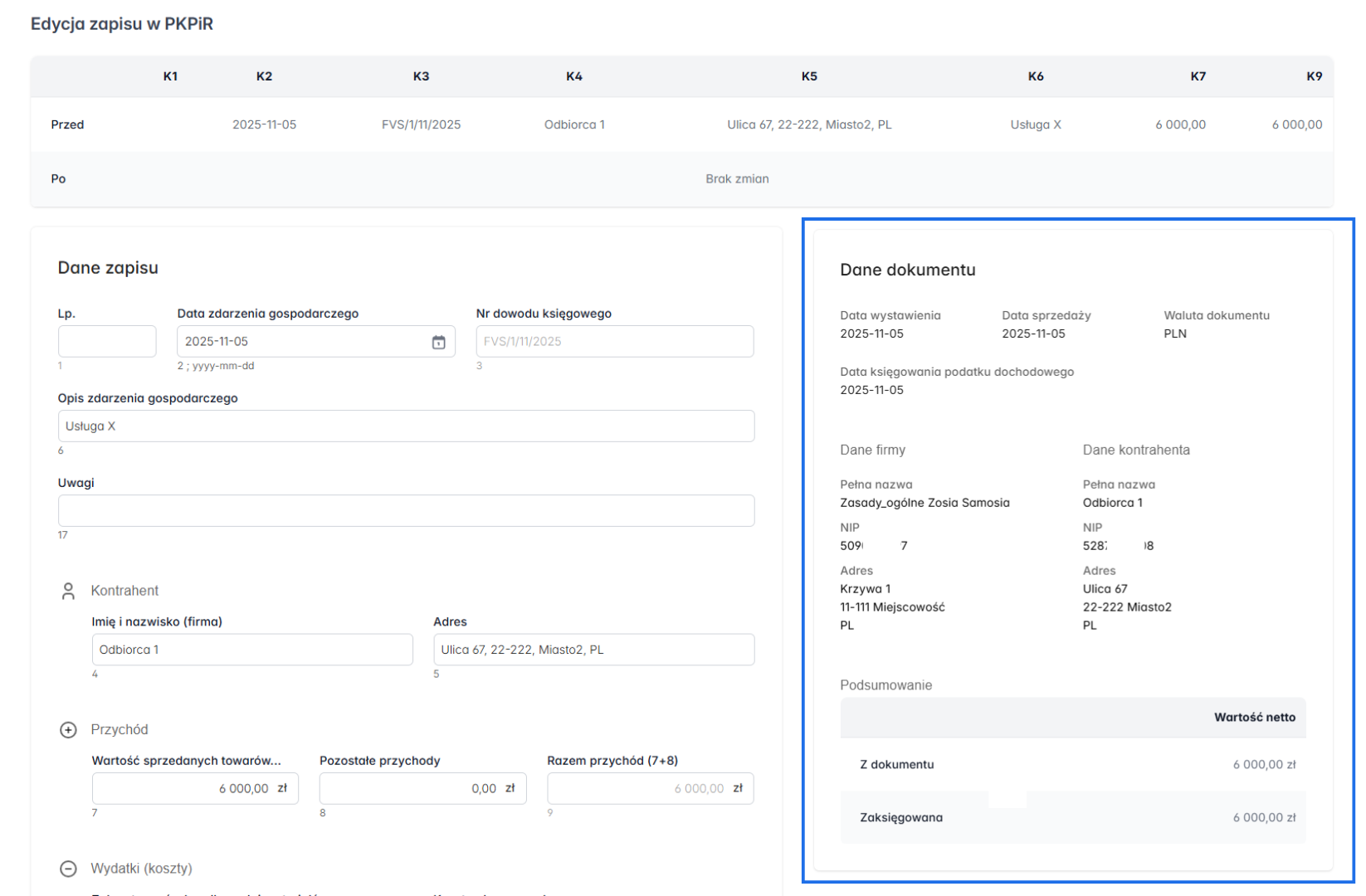 Edycja zapisu dokumentu w podatkowej księdze przychodów i rozchodów z danymi o dokumencie.