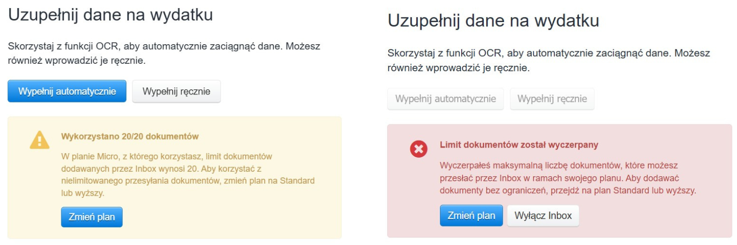 Komunikaty o przekroczeniu limitu dokumentów w planie Micro w systemie Fakturownia, z propozycją zmiany planu na wyższy.
