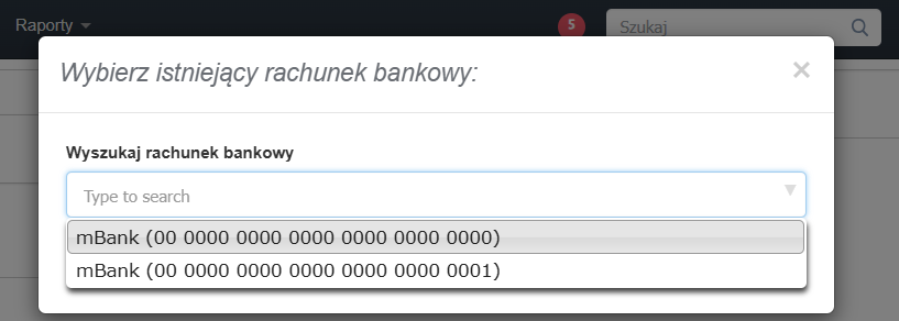 Pole wyboru rachunku bankowego z listy istniejących już rachunków i przypisania go do działu.