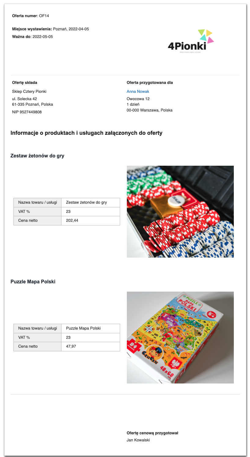 Dokument oferty handlowej zawierający szczegółowe informacje na temat zestawu żetonów do gier oraz puzzle z mapą Polski wraz ze zdjęciami.