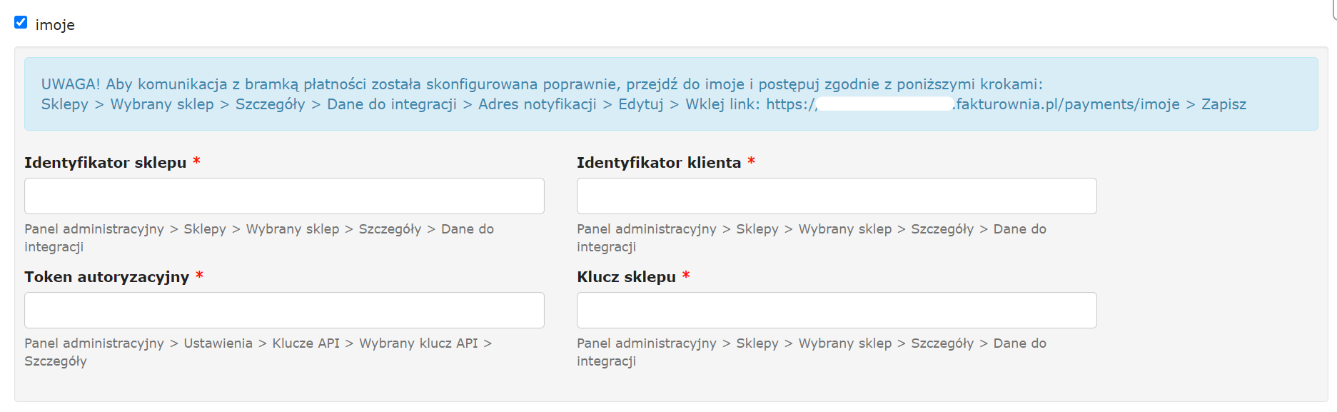 Formularz integracji płatności imoje z polami: identyfikator sklepu, identyfikator klienta, token autoryzacyjny i klucz sklepu.