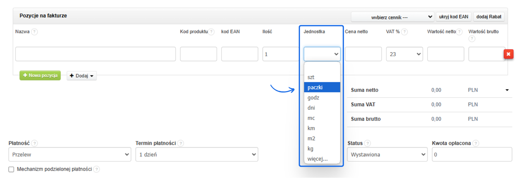 Widok formularza faktury z rozwijanym menu wyboru jednostki miary, które zawiera opcje określone w ramach słowników w ustawieniach konta.