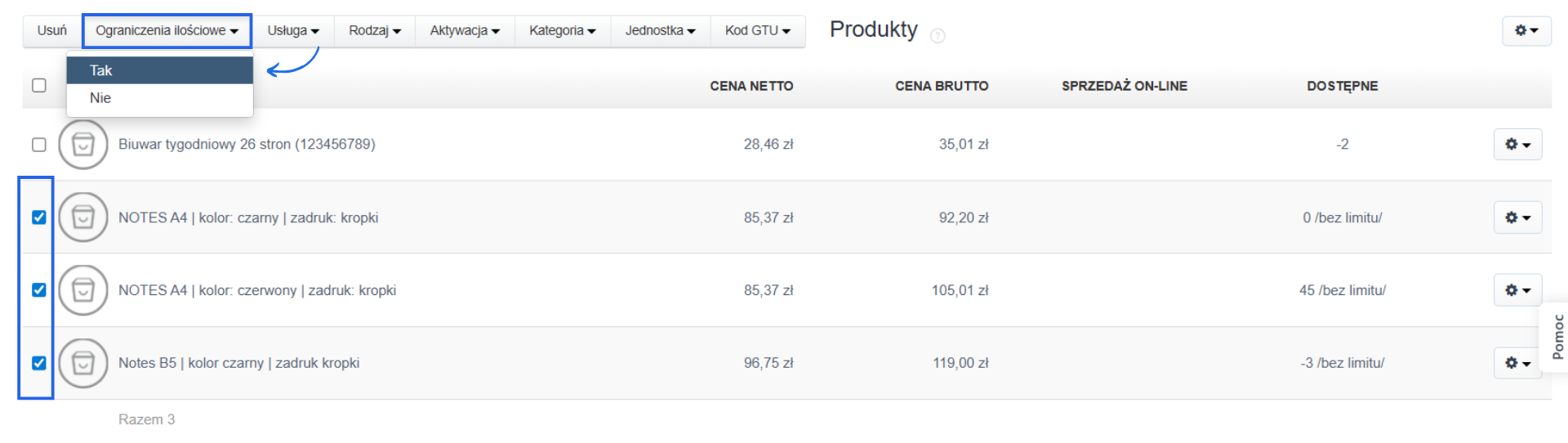 Lista produktów z kolumną dostępna ilość i opcją masowego włączenia ograniczenia ilosciowego.
