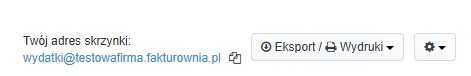 Widok zakładki "Twój adres skrzynki" w systemie, pokazujący zapisany adres e-mail do wysyłania dokumentów kosztowych.