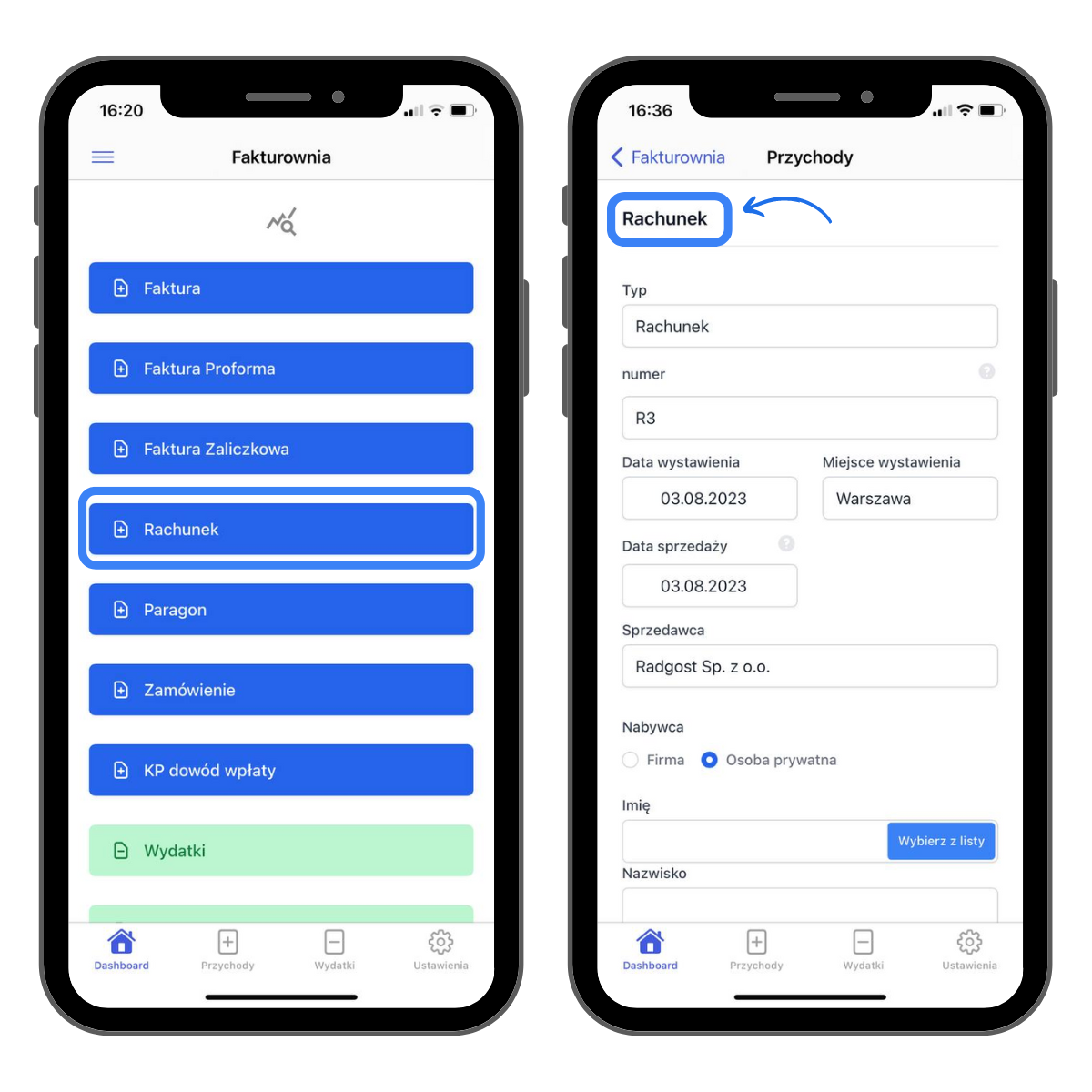 Ekrany aplikacji mobilnej Fakturowni pokazujące proces wystawiania rachunku – wybór dokumentu z listy oraz formularz uzupełniania danych.