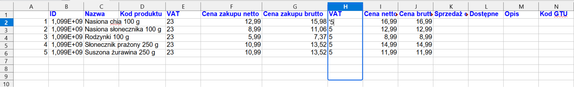 Plik Excel zawierający dane produktów, w tym ID, nazwę, kod produktu, ceny zakupu netto i brutto, stawki VAT, ceny sprzedaży netto i brutto, dostępne ilości oraz kod GTU.