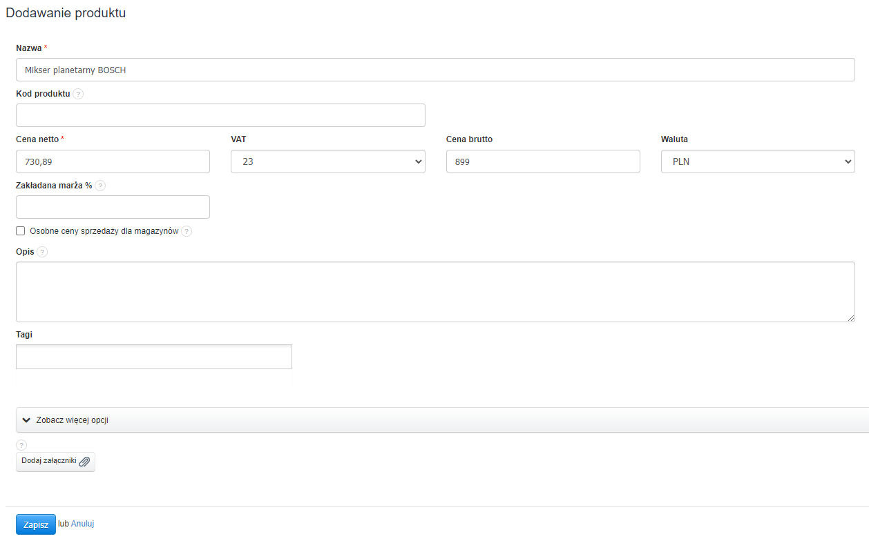 nowy produkt pola obowiązkowe