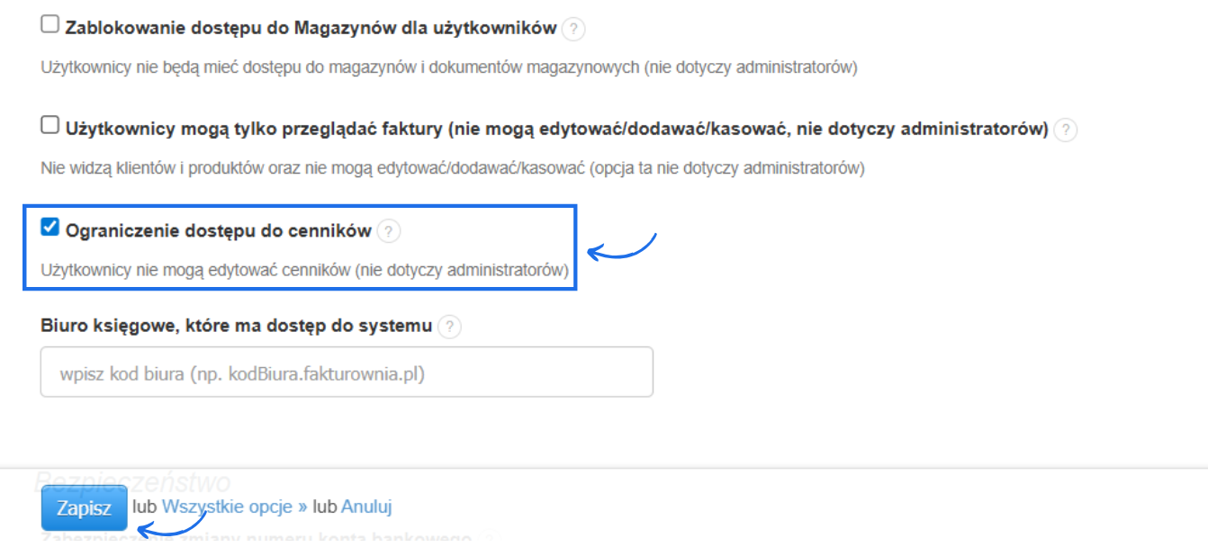 Ustawienia dotyczące ograniczeń uprawnień dla użytkowników z aktywną opcja ograniczenia dostępu do cenników.