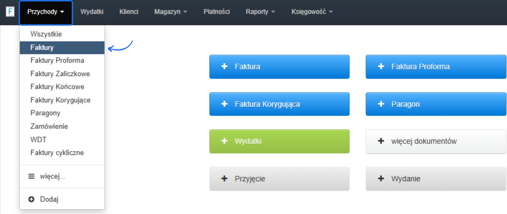 Menu systemu do zarządzania dokumentami finansowymi z rozwiniętą sekcją „Przychody” i opcją tworzenia nowej faktury VAT.