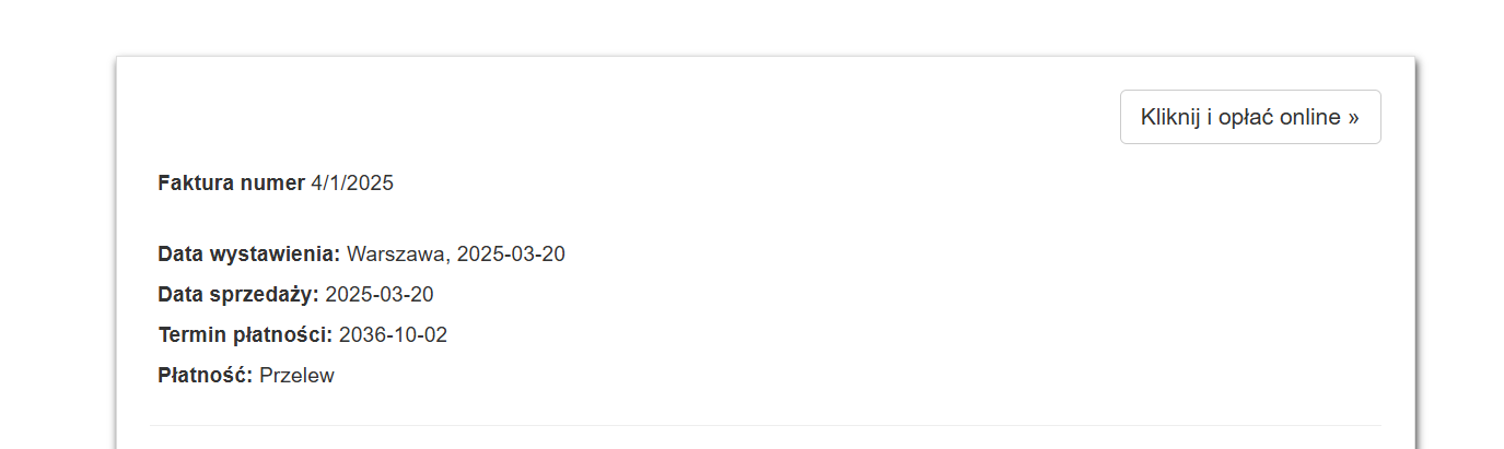 Fragment faktury z numerem 4/1/2025, datą wystawienia 20.03.2025, sprzedaży 20.03.2025 i terminem płatności 02.10.2036 oraz przyciskiem „Kliknij i opłać online”.