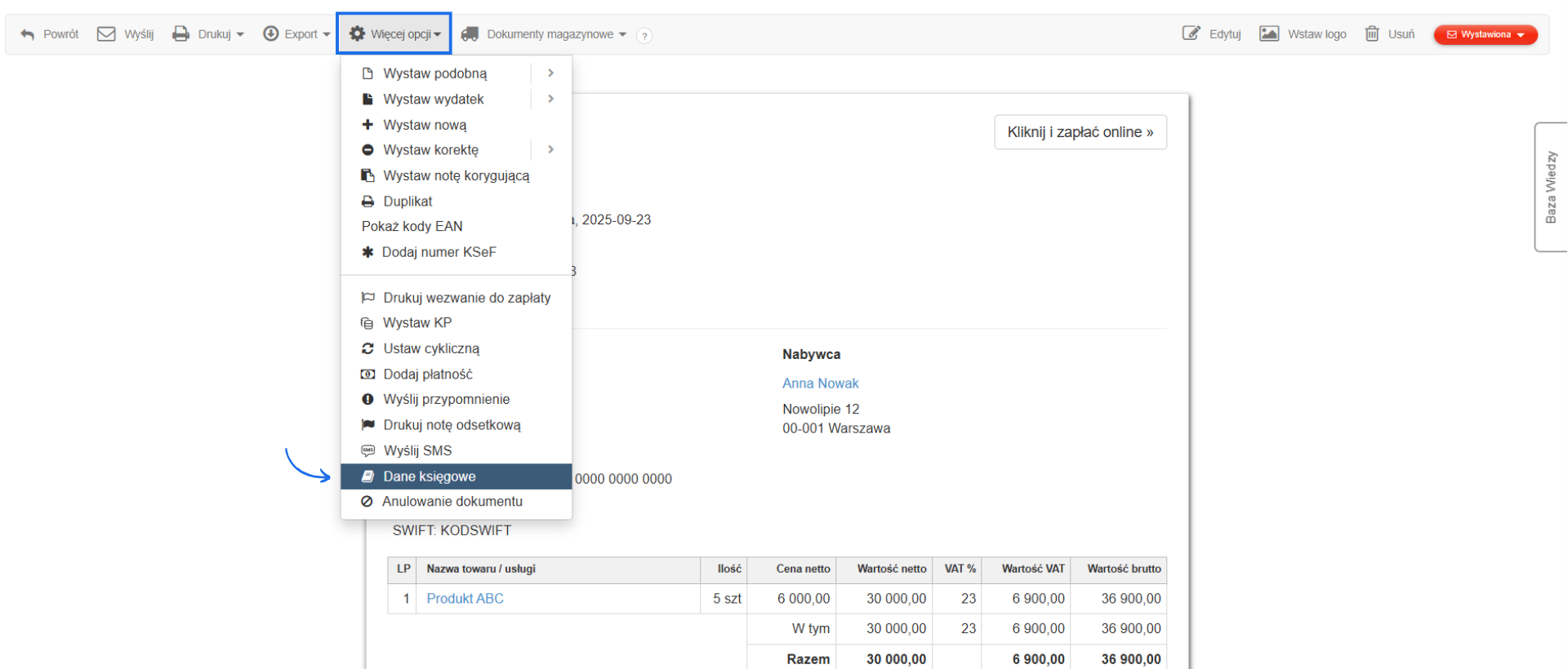 Faktura sprzedażowa dla osoby prywatnej z aktywną zakładką więcej opcji i dostępem do danych księgowych faktury.