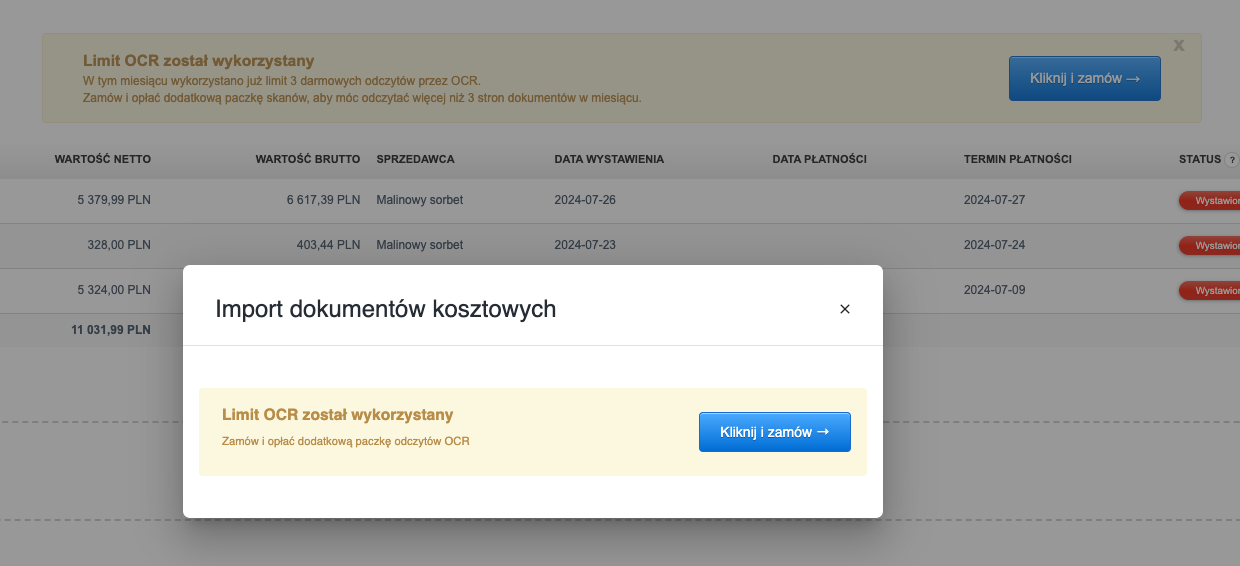 Komunikat o braku wykupionego pakietu skanów OCR w aplikacji Fakturownia, z czerwonym ostrzeżeniem i opcją przesyłania plików.
