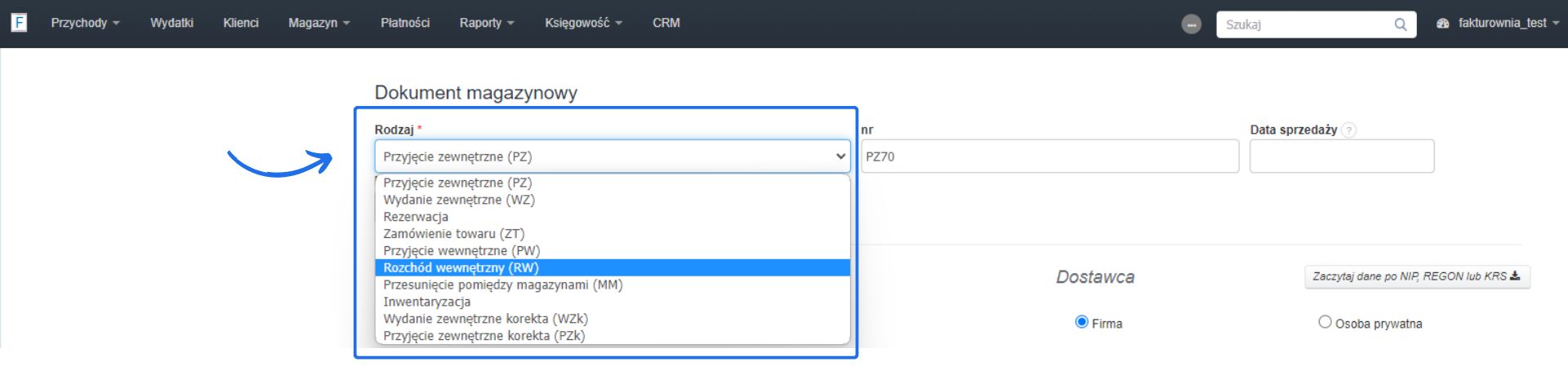 Zrzut ekranu formularza dokumentu magazynowego z rozwijaną listą rodzajów dokumentów, wybrany typ: Rozchód wewnętrzny (RW).