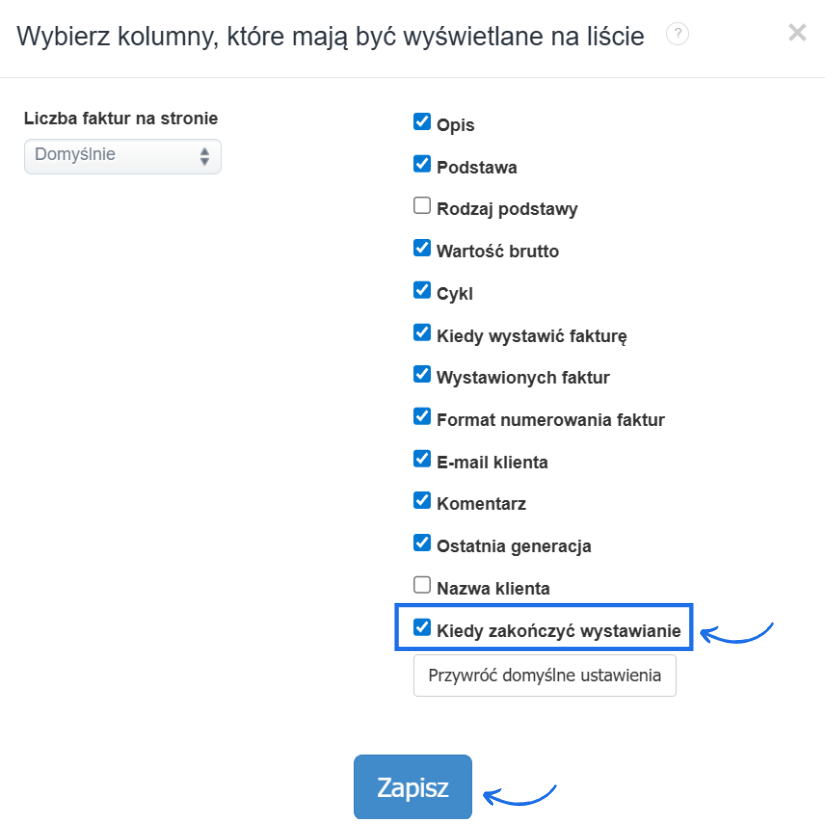 Lista kolumn do aktywacji na liście cykli utworzonych na koncie w ramach aktywnej opcji faktury cykliczne.