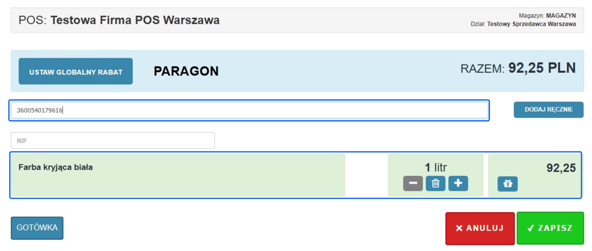 System POS 'Testowa Firma POS Warszawa' z dodanym produktem 'Farba kryjąca biała' po zeskanowaniu kodu EAN 3600540179616.