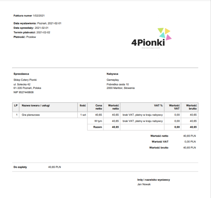 Faktura sprzedaży z danymi sklepu Cztery Pionki, nabywcy Gameplay oraz szczegółami zakupu gry planszowej, brak VAT, kwota brutto 40,65 PLN.