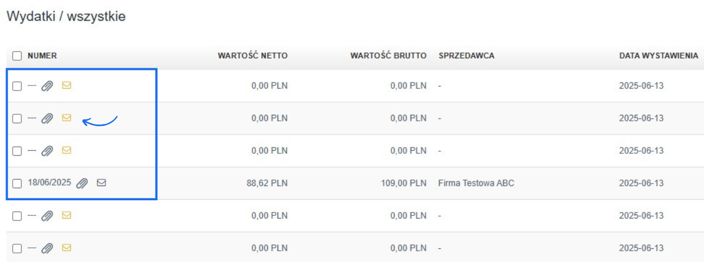 Widok zakładki "Wydatki" w systemie Fakturownia, z listą wydatków, w tym jednym dokumentem z przypisanym datą wystawienia oraz funkcją wysyłki.