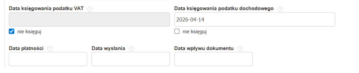 Daty księgowania w formularzu tworzenia faktury VAT marża z aktywną opcją 'nie księguj'.
