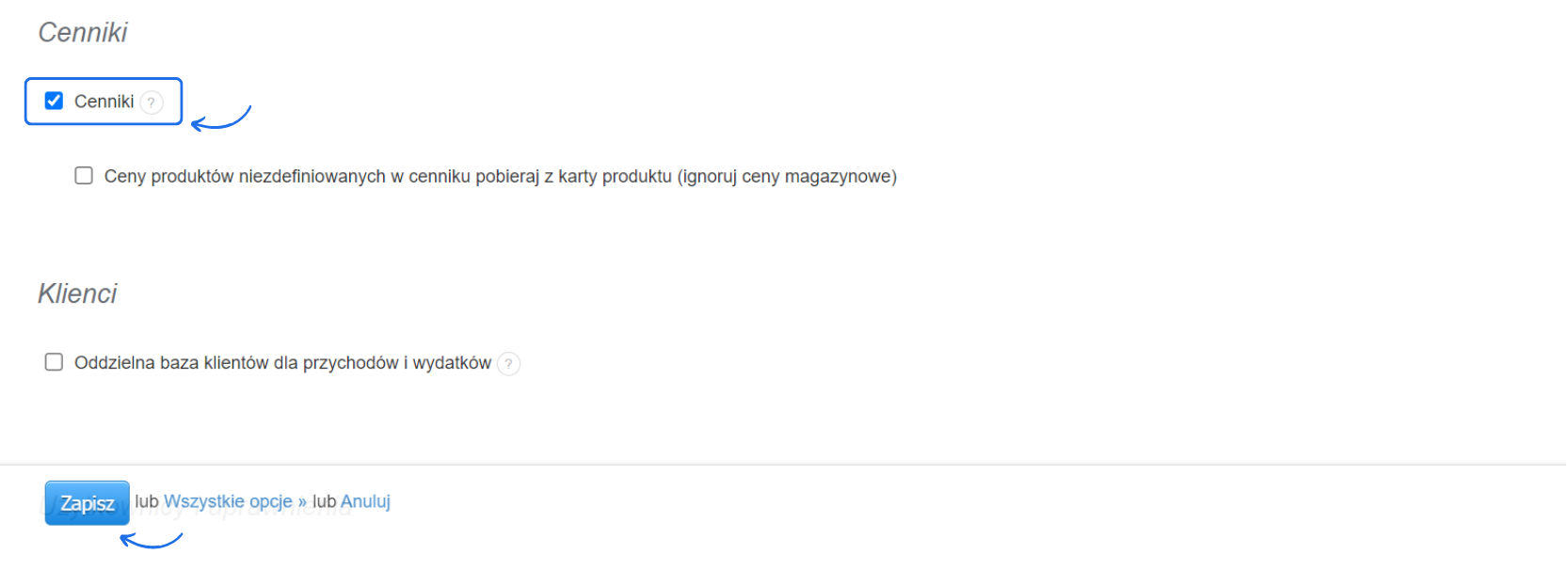 Aktywacja opcji cenników w systemie fakturowania z możliwością definiowania cen produktów oraz oddzielnej bazy klientów.