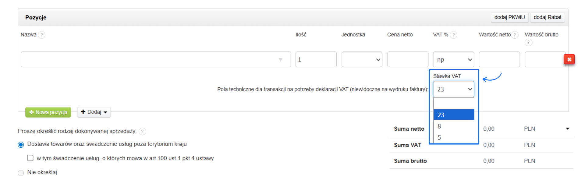 Dostępne do wyboru stawki podatku dostępne w polu technicznym, gdzie można wybrać stawkę podatku krajowego do rozliczenia transakcji na potrzeby VAT.