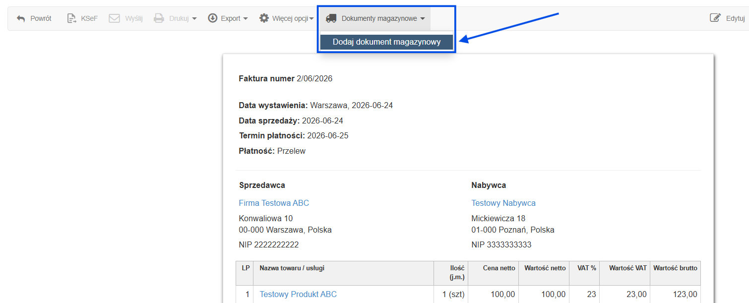 Formularz faktury sprzedażowej z opcją ręcznego wystawienia dokumentu magazynowego WZ.