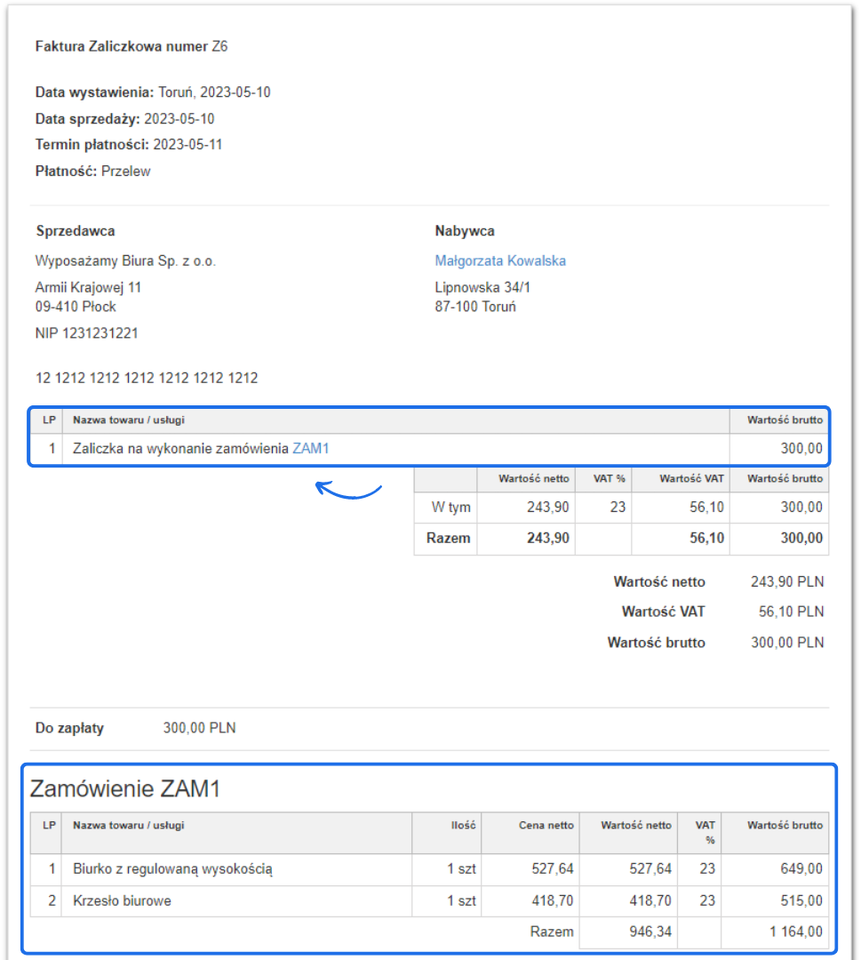 Faktura zaliczkowa numer Z6 powiązana z zamówieniem ZAM1, przedstawiająca szczegóły płatności zaliczki w wysokości 300,00 PLN oraz szczegóły zamówienia.