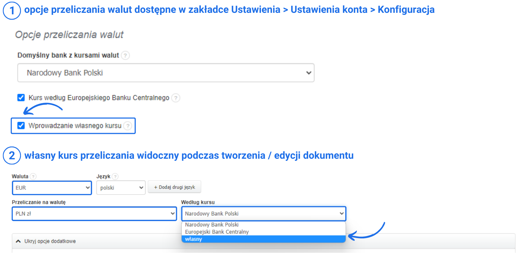 Ustawienia konta systemu do fakturowania online z widoczną sekcją dotyczącą przeliczania walut i aktywną opcją dodania własnego kursu.
