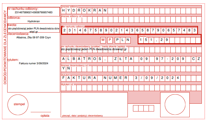 Druk potwierdzenia przelewu bankowego z danymi odbiorcy, kwotą i tytułem 'Faktura numer 3/09/2024'