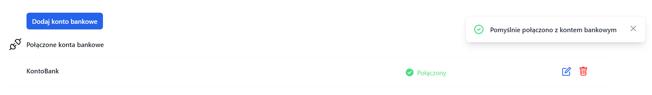 Ekran z listą połączonych kont bankowych, pokazujący KontoBank jako połączone i przycisk 'Dodaj konto bankowe'.