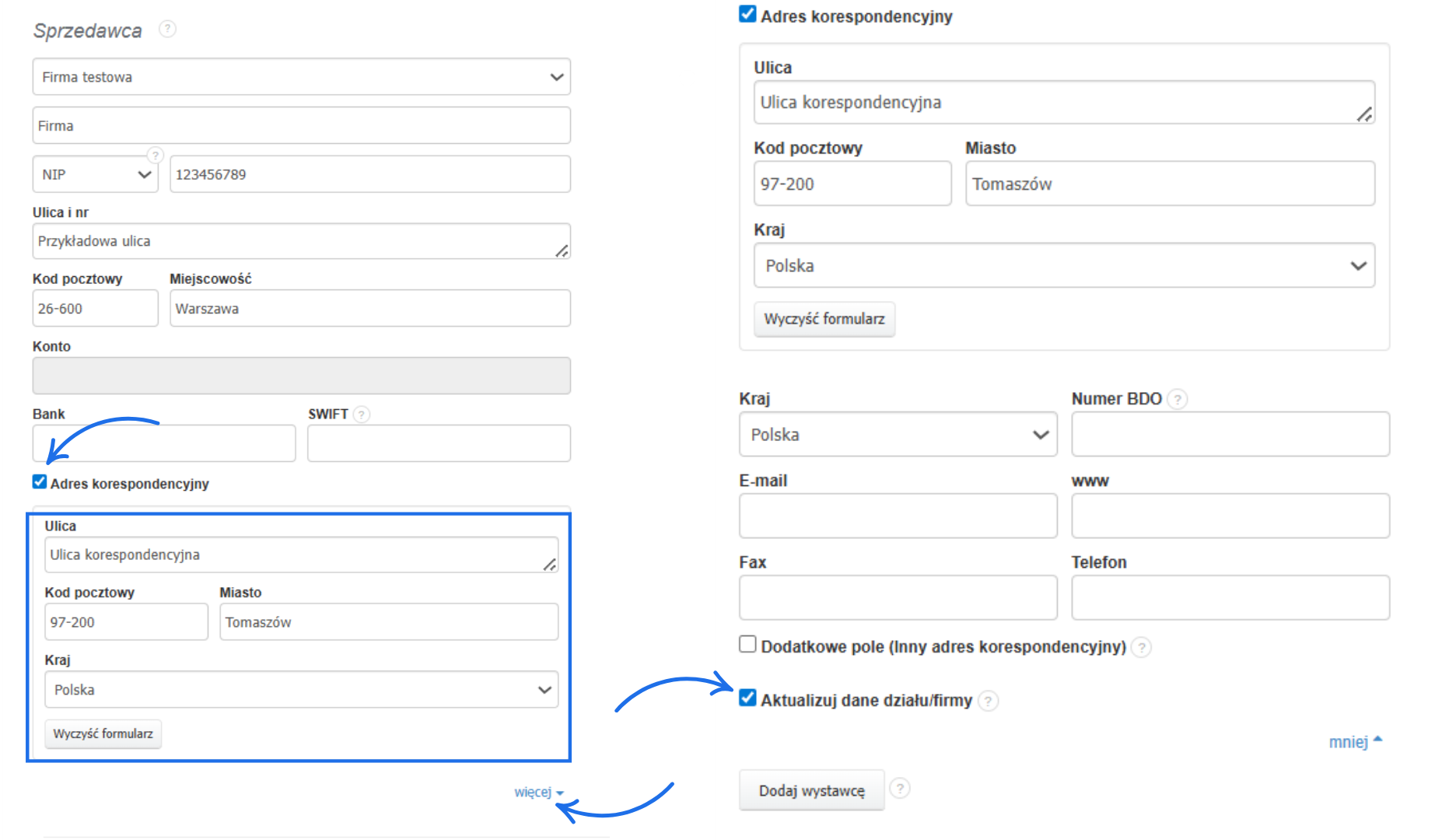 Formularz faktury z włączoną opcją „Adres korespondencyjny” oraz zaznaczoną funkcją „Aktualizuj dane działu/firmy”.