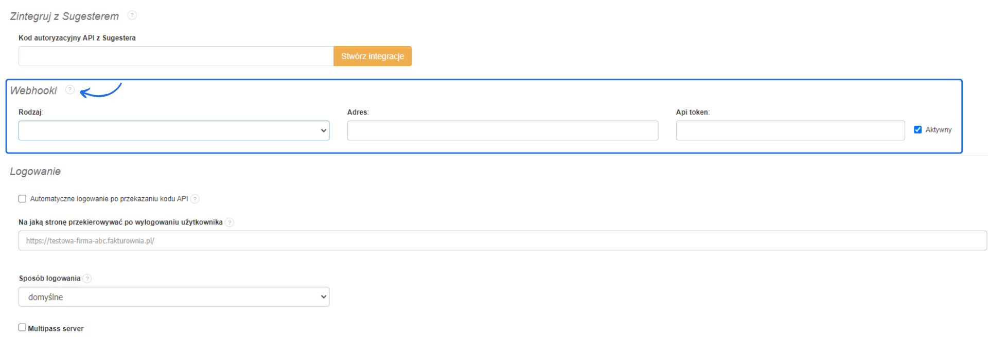 Ekran ustawień integracji w aplikacji Fakturownia z widocznymi polami do konfiguracji webhooków, logowania oraz integracji z Sugesterem.