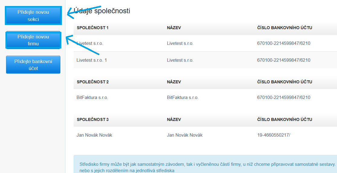 Pridat novou sekci nebo firmu