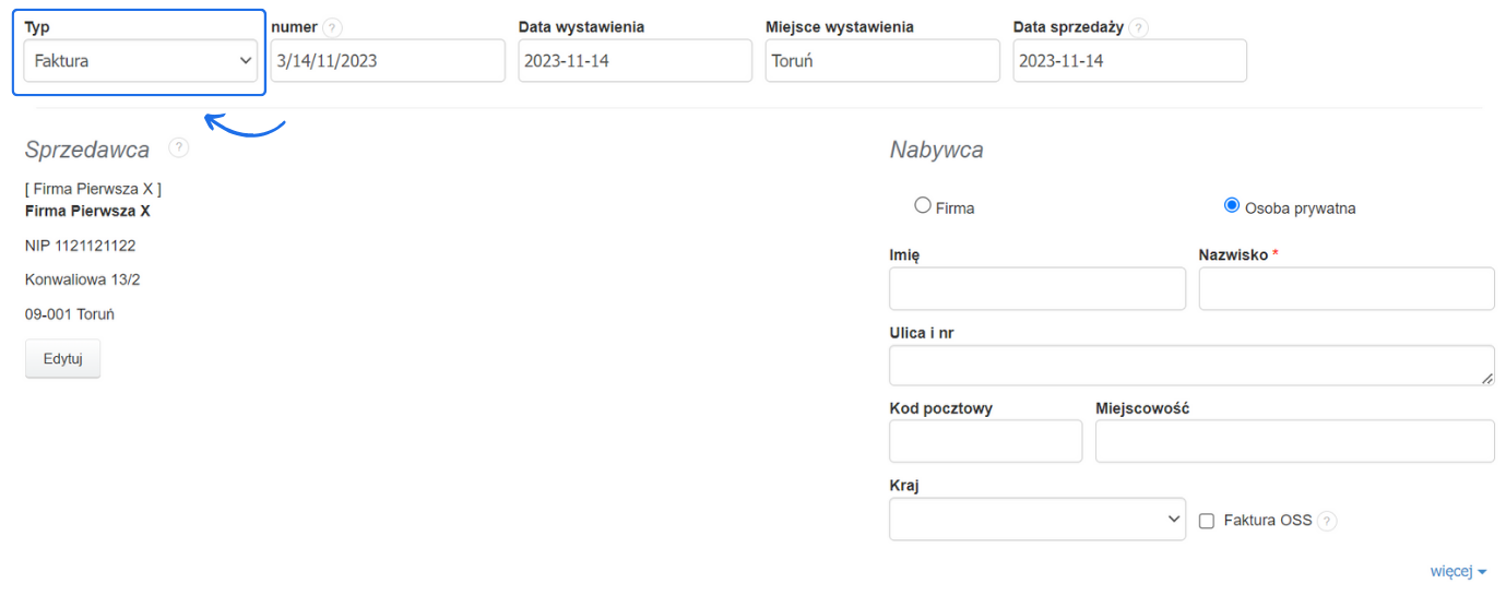 Formularz wystawiania faktury z wyborem typu dokumentu, danymi sprzedawcy i polami do uzupełnienia danych nabywcy.
