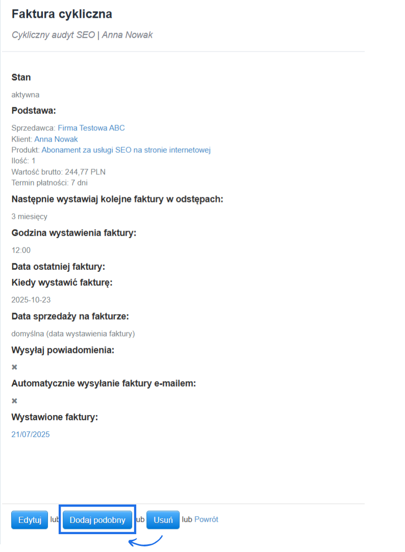 Podsumowanie informacji o przygotowanym w systemie do fakturowania cyklu z podstawowymi danymi o produkcie, kliencie oraz ustawieniach cyklu.