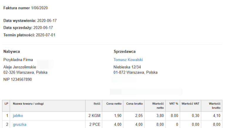 Faktura VAT z 2020 roku – dane nabywcy i sprzedawcy, lista produktów obejmująca jabłka, gruszki, cukier oraz usługi związane z psem i kotem.